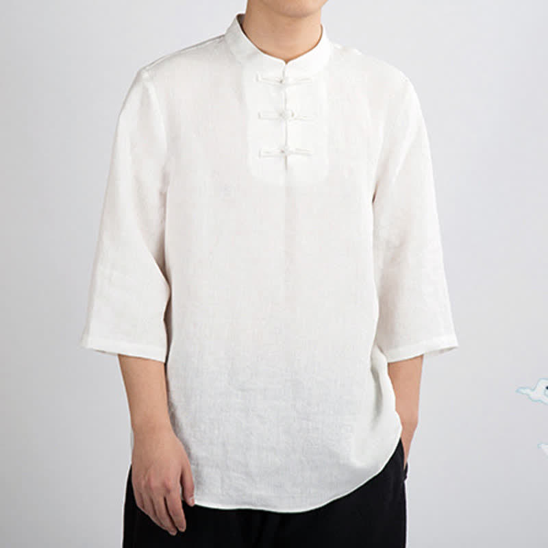 Nimara Ritual Summer Tang Style Mandarin Collar Frog Button Solid Men's Three-Quarter Sleeve Shirts