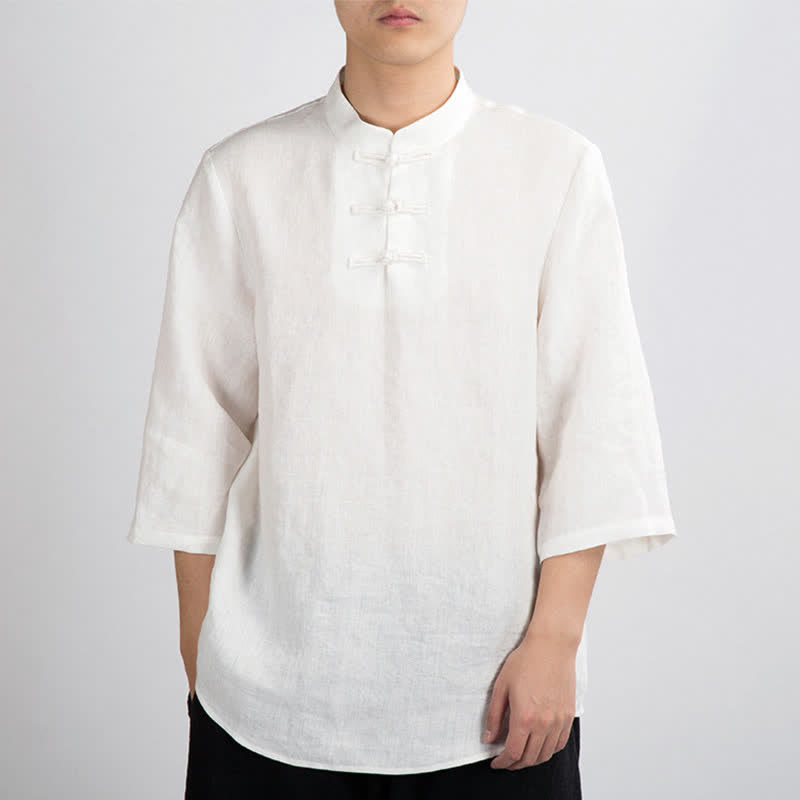 Nimara Ritual Summer Tang Style Mandarin Collar Frog Button Solid Men's Three-Quarter Sleeve Shirts