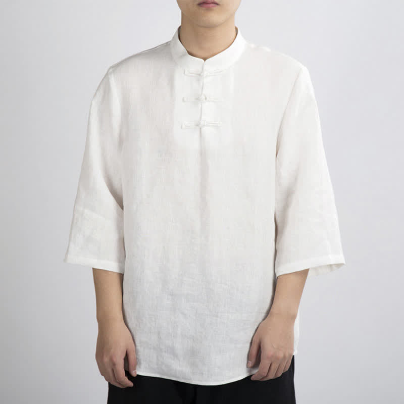 Nimara Ritual Summer Tang Style Mandarin Collar Frog Button Solid Men's Three-Quarter Sleeve Shirts