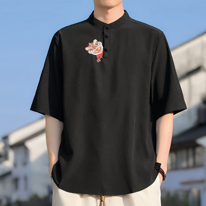 Nimara Ritual Summer Tang Style Mandarin Collar Embroidery Solid Men's Short Sleeve Shirts