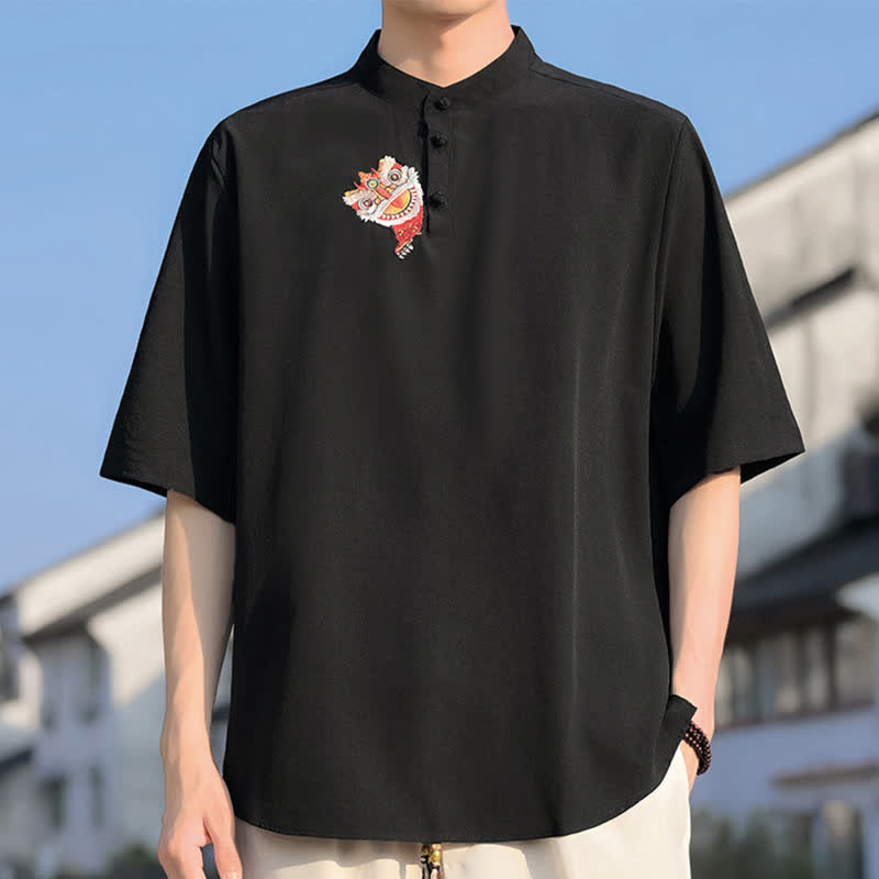 Nimara Ritual Summer Tang Style Mandarin Collar Embroidery Solid Men's Short Sleeve Shirts
