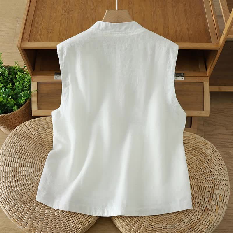 Nimara Ritual Summer Tang Style Minimalist Mandarin Collar Button-Up Solid Women's Sleeveless Shirts Tank Top With Pocket