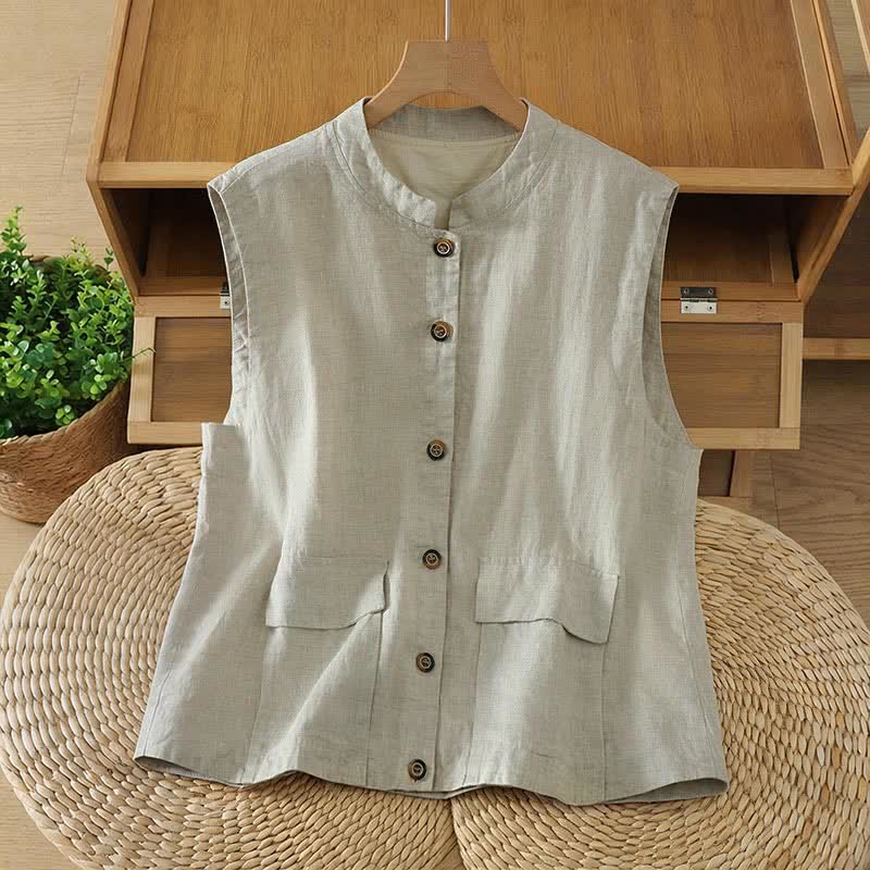 Nimara Ritual Summer Tang Style Minimalist Mandarin Collar Button-Up Solid Women's Sleeveless Shirts Tank Top With Pocket