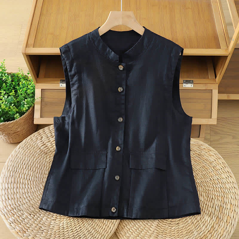 Nimara Ritual Summer Tang Style Minimalist Mandarin Collar Button-Up Solid Women's Sleeveless Shirts Tank Top With Pocket
