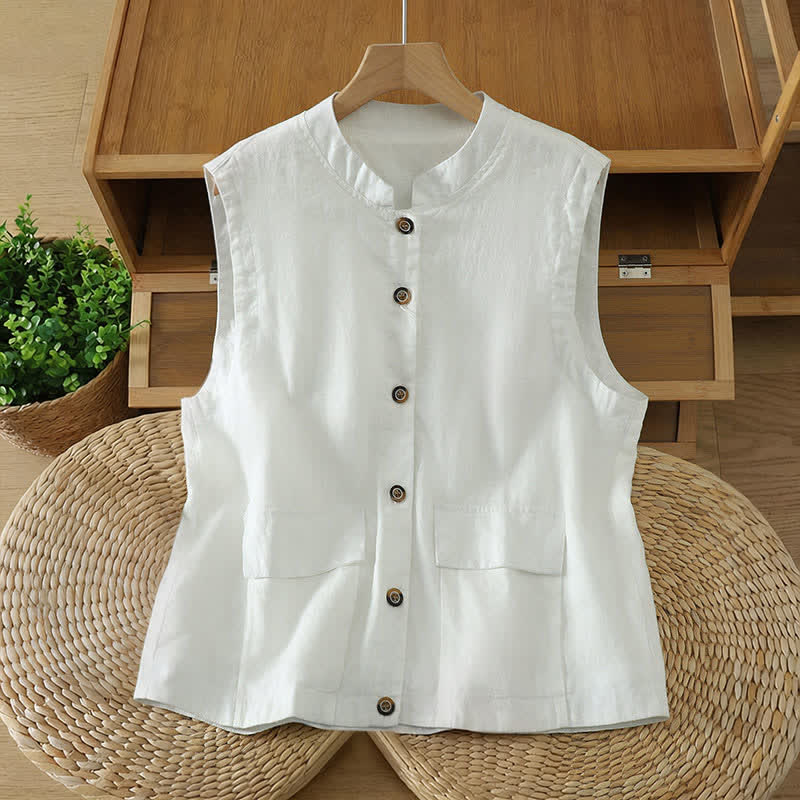 Nimara Ritual Summer Tang Style Minimalist Mandarin Collar Button-Up Solid Women's Sleeveless Shirts Tank Top With Pocket