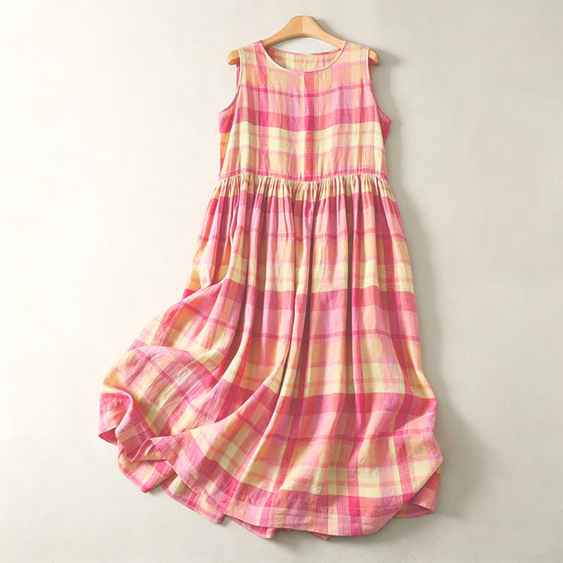 Nimara Ritual Summer Casual Vintage Plaid Women's Summer Sleeveless Dresse With Pocket