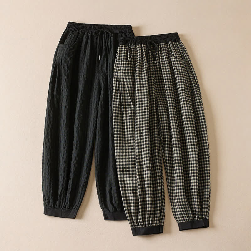 Nimara Ritual Summer Casual Minimalist Plaid Drawstring Cropped Pants Women's Harem Pants With Pocket