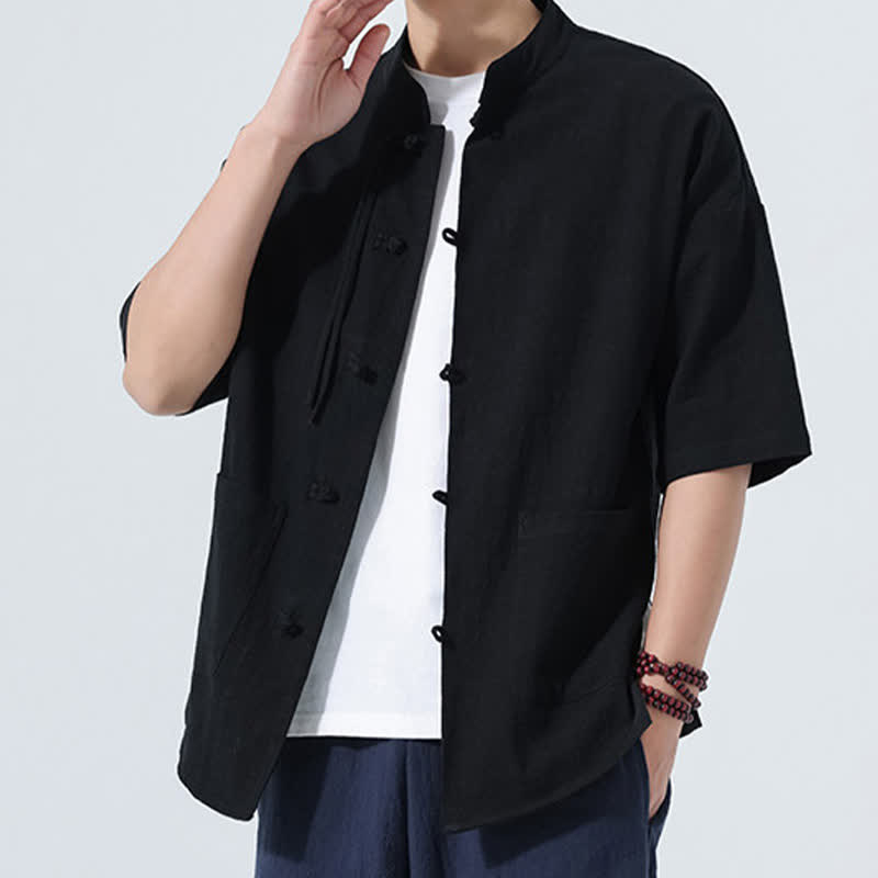 Nimara Ritual Summer Tang Style Casual Mandarin Collar Frog Button Solid Men's Elbow-Length Sleeve Shirts With Pocket