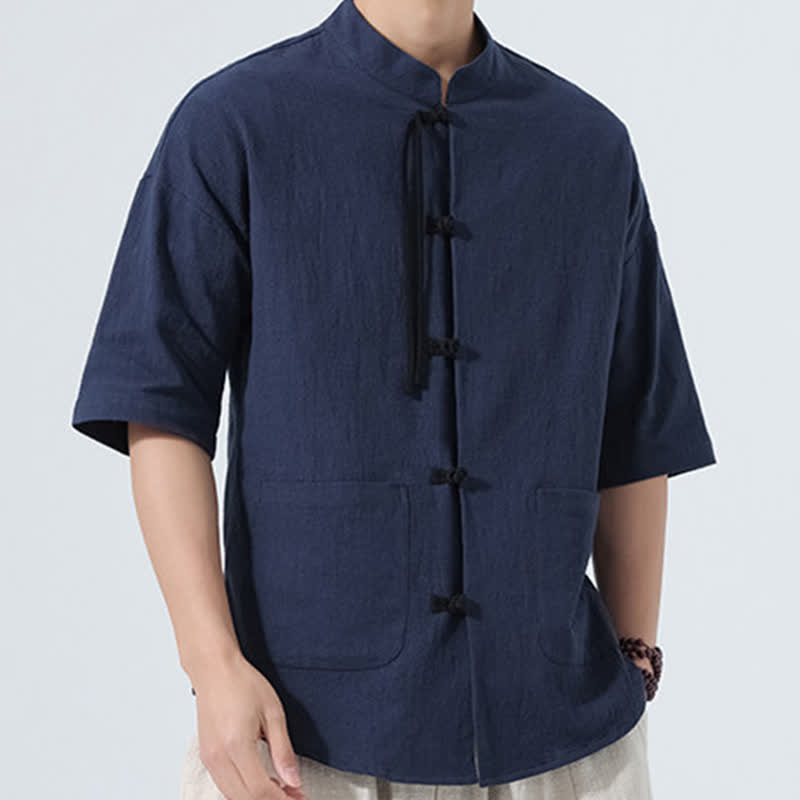 Nimara Ritual Summer Tang Style Casual Mandarin Collar Frog Button Solid Men's Elbow-Length Sleeve Shirts With Pocket