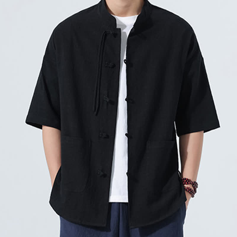 Nimara Ritual Summer Tang Style Casual Mandarin Collar Frog Button Solid Men's Elbow-Length Sleeve Shirts With Pocket