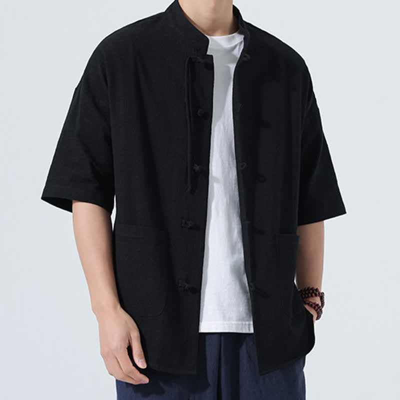 Nimara Ritual Summer Tang Style Casual Mandarin Collar Frog Button Solid Men's Elbow-Length Sleeve Shirts With Pocket