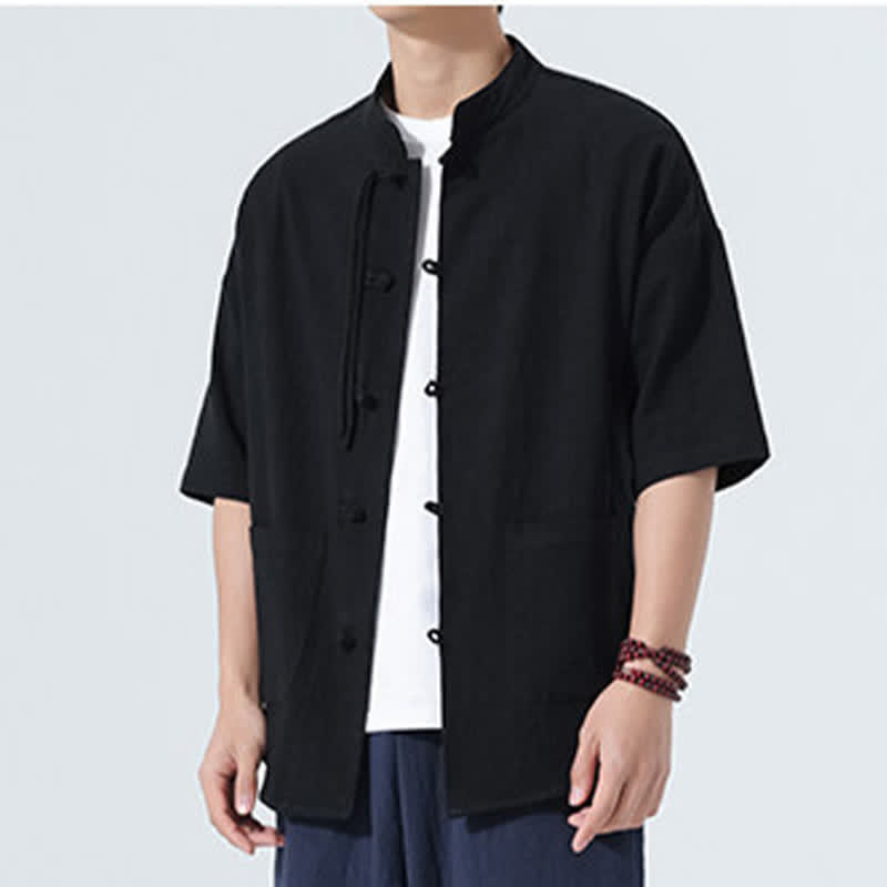 Nimara Ritual Summer Tang Style Casual Mandarin Collar Frog Button Solid Men's Elbow-Length Sleeve Shirts With Pocket