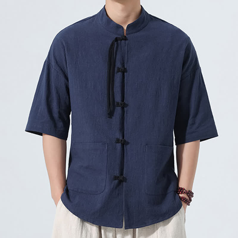Nimara Ritual Summer Tang Style Casual Mandarin Collar Frog Button Solid Men's Elbow-Length Sleeve Shirts With Pocket