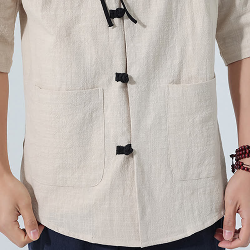 Nimara Ritual Summer Tang Style Casual Mandarin Collar Frog Button Solid Men's Elbow-Length Sleeve Shirts With Pocket