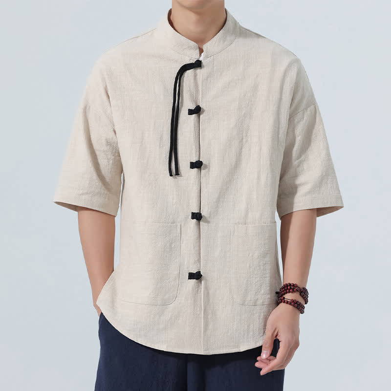 Nimara Ritual Summer Tang Style Casual Mandarin Collar Frog Button Solid Men's Elbow-Length Sleeve Shirts With Pocket