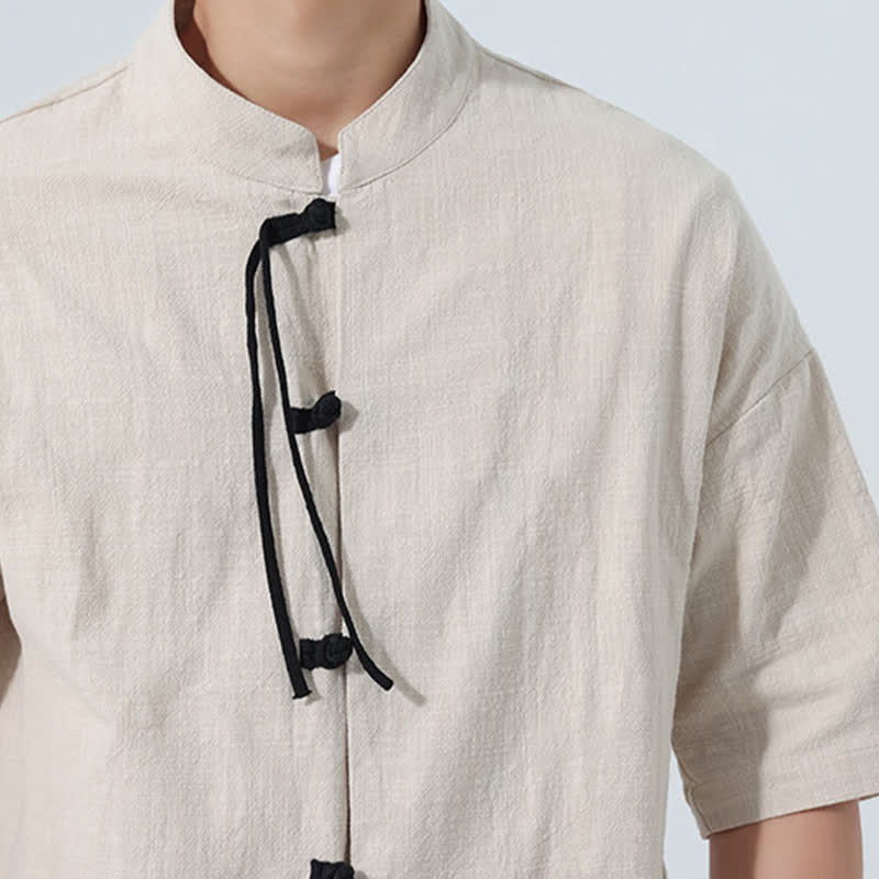 Nimara Ritual Summer Tang Style Casual Mandarin Collar Frog Button Solid Men's Elbow-Length Sleeve Shirts With Pocket