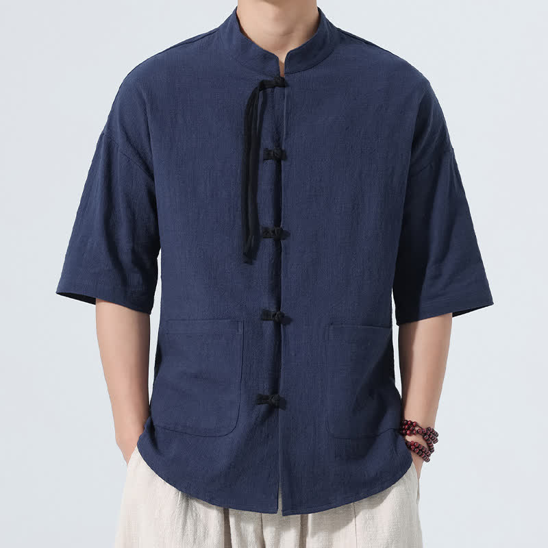 Nimara Ritual Summer Tang Style Casual Mandarin Collar Frog Button Solid Men's Elbow-Length Sleeve Shirts With Pocket