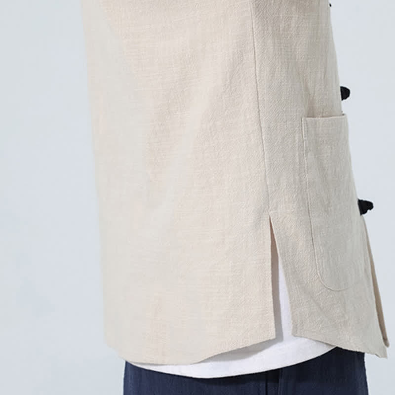 Nimara Ritual Summer Tang Style Casual Mandarin Collar Frog Button Solid Men's Elbow-Length Sleeve Shirts With Pocket