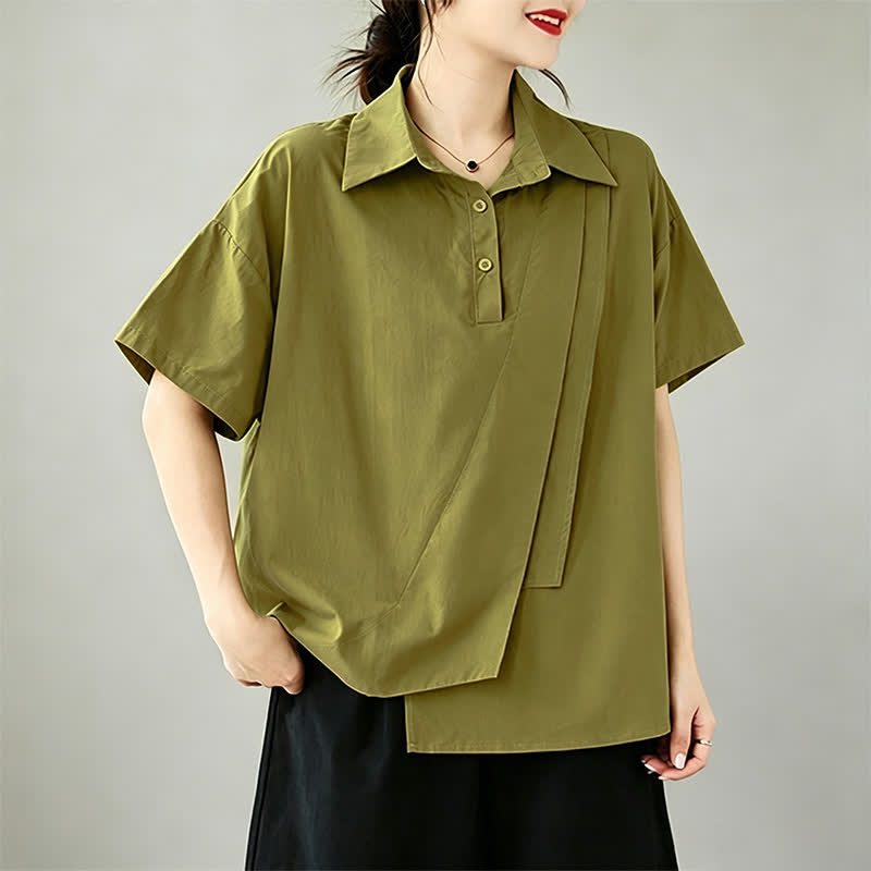 Nimara Ritual Summer Casual Minimalist Button-up Solid Asymmetric Layered Design Women's Short Sleeve Shirts