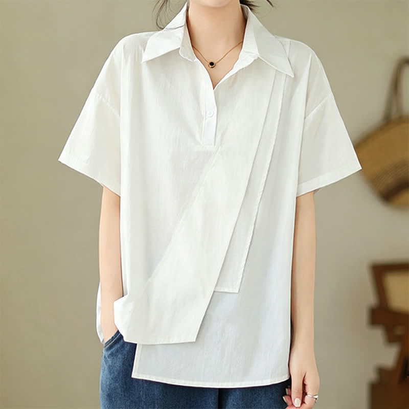 Nimara Ritual Summer Casual Minimalist Button-up Solid Asymmetric Layered Design Women's Short Sleeve Shirts