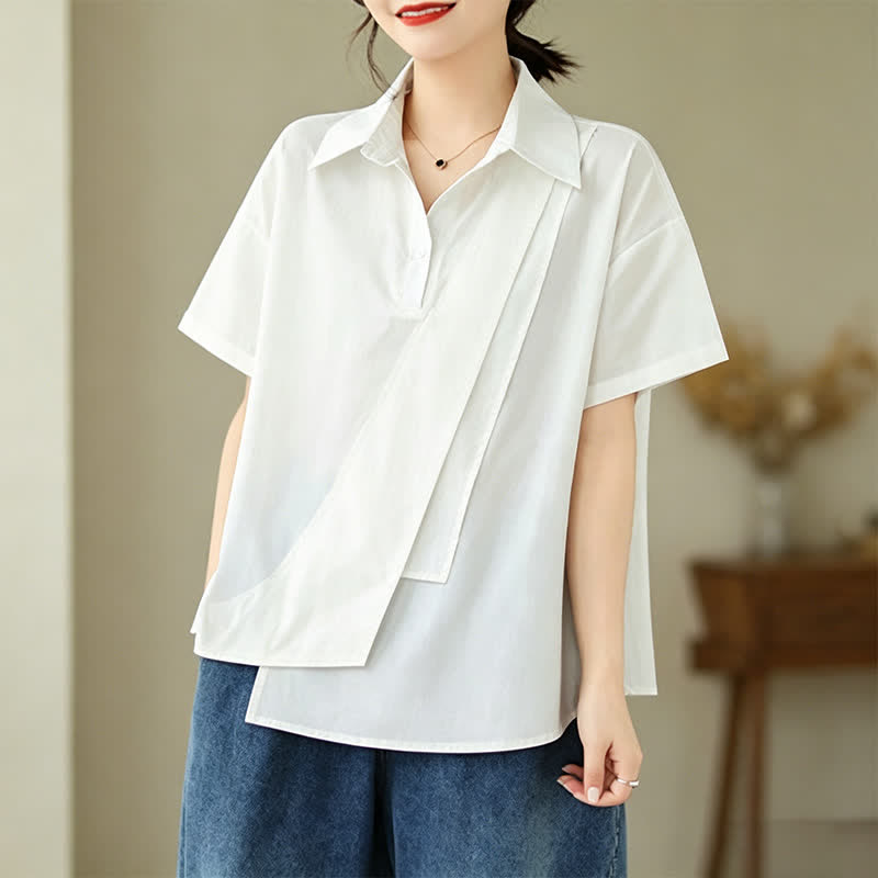 Nimara Ritual Summer Casual Minimalist Button-up Solid Asymmetric Layered Design Women's Short Sleeve Shirts