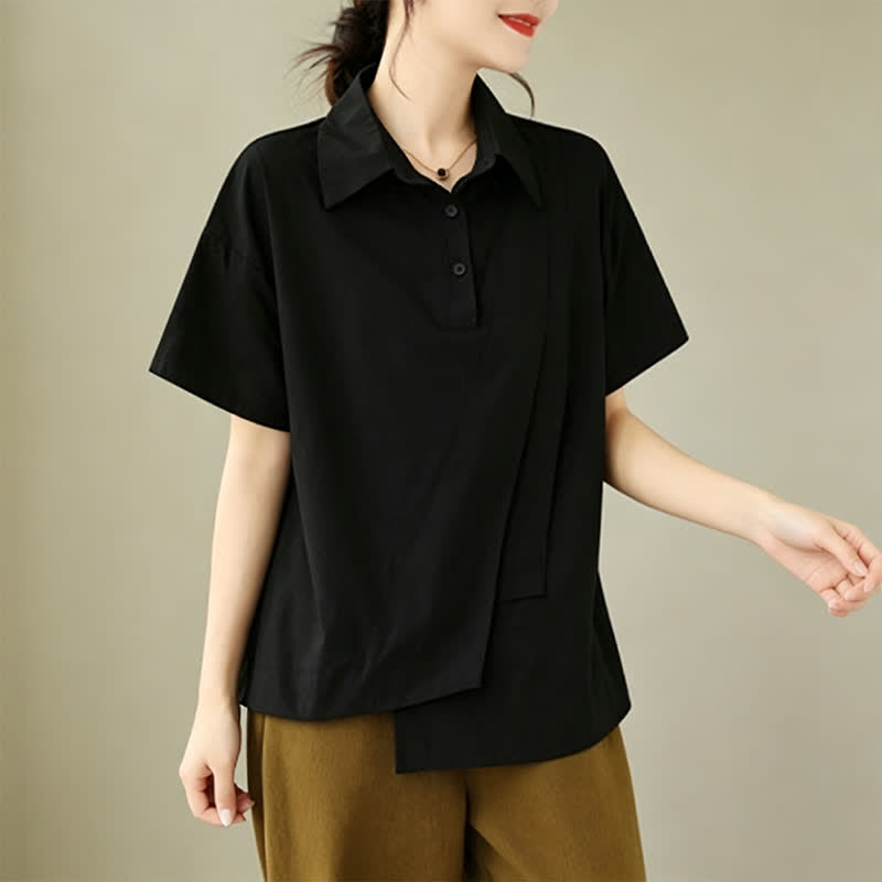 Nimara Ritual Summer Casual Minimalist Button-up Solid Asymmetric Layered Design Women's Short Sleeve Shirts