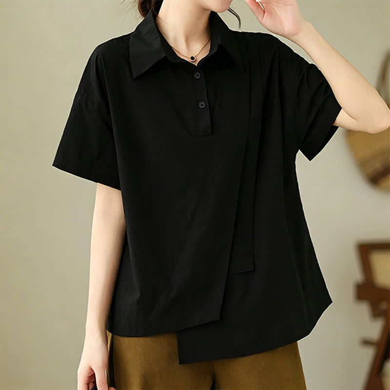 Nimara Ritual Summer Casual Minimalist Button-up Solid Asymmetric Layered Design Women's Short Sleeve Shirts