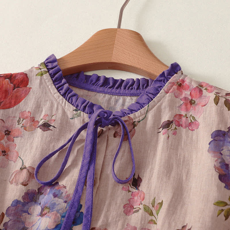 Nimara Ritual Summer Casual Boho Drawstring Floral Peony Green Leaves Women's Short Sleeve Shirts