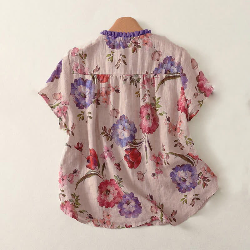 Nimara Ritual Summer Casual Boho Drawstring Floral Peony Green Leaves Women's Short Sleeve Shirts