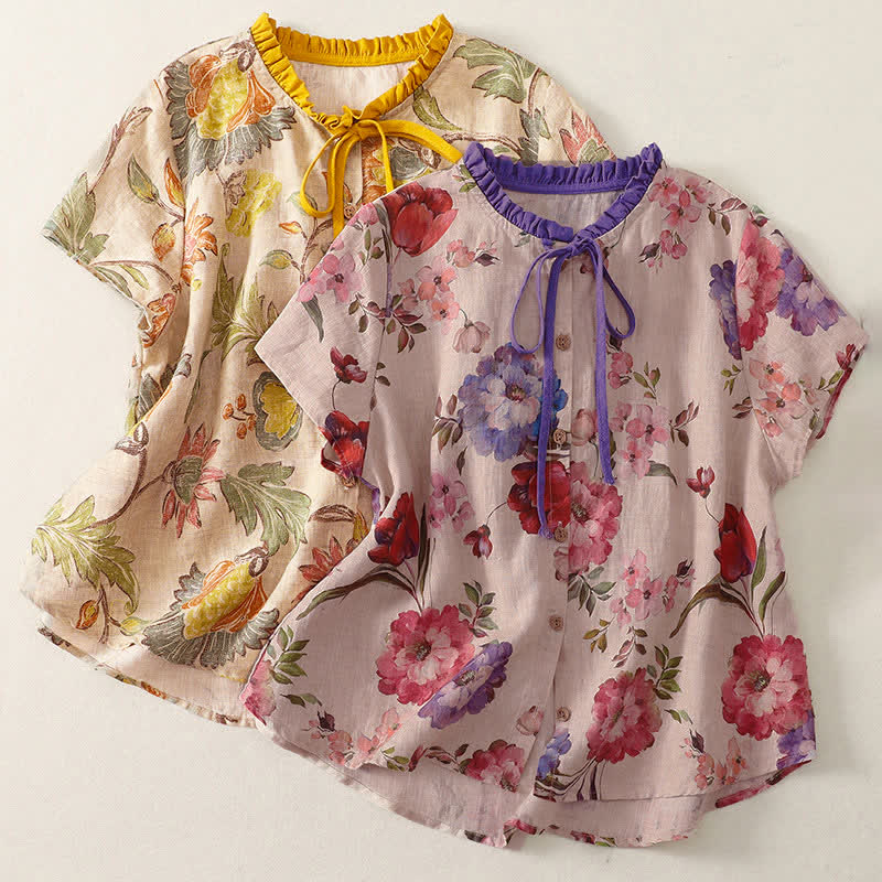 Nimara Ritual Summer Casual Boho Drawstring Floral Peony Green Leaves Women's Short Sleeve Shirts
