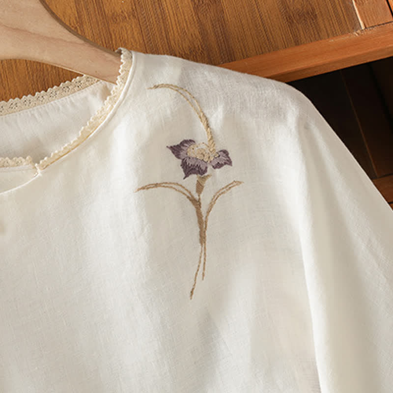Nimara Ritual Summer Tang Style Vintage Embroidery Frog Button Floral Women's Short Sleeve Shirts