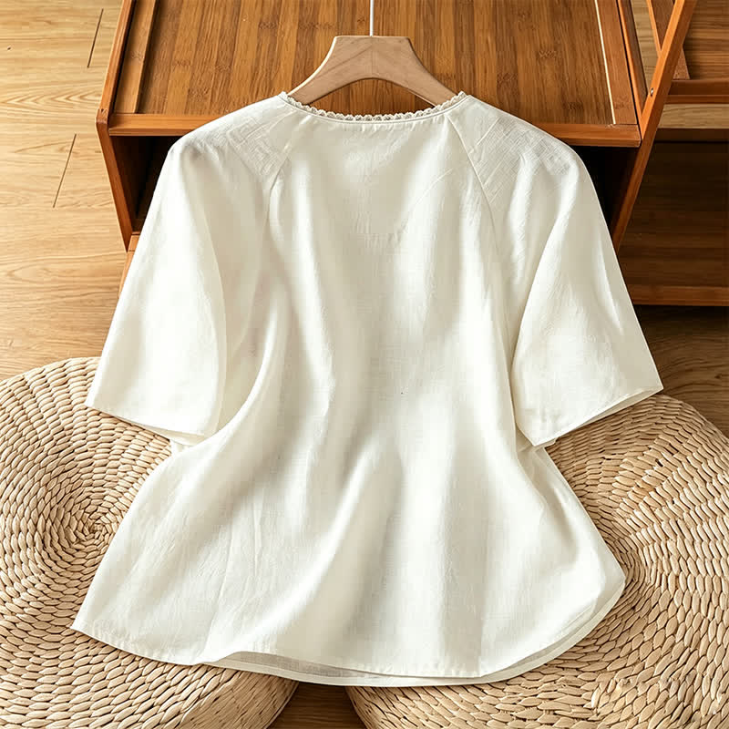 Nimara Ritual Summer Tang Style Vintage Embroidery Frog Button Floral Women's Short Sleeve Shirts