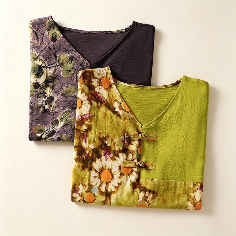 Nimara Ritual Summer Casual Vintage Tang Style Pankou Floral Sunflowers Women's Short Sleeve Shirts