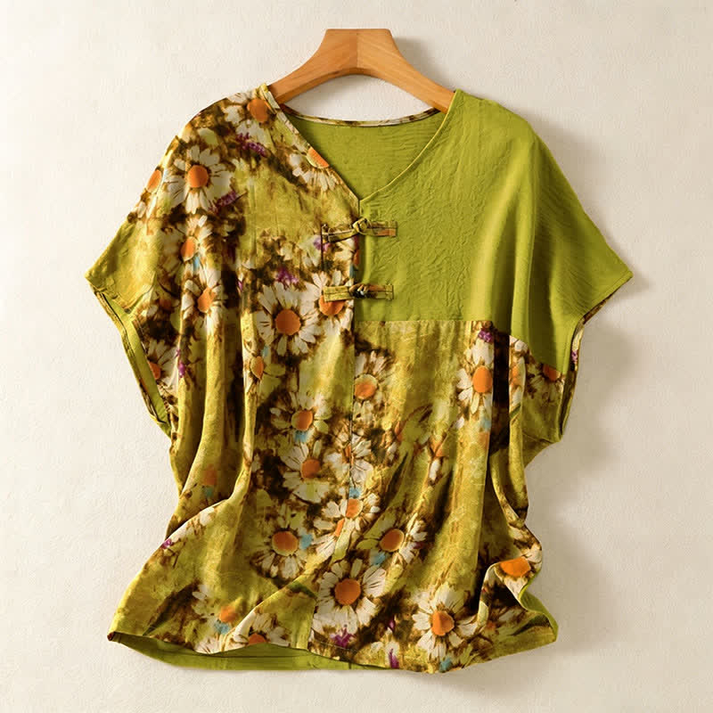 Nimara Ritual Summer Casual Vintage Tang Style Pankou Floral Sunflowers Women's Short Sleeve Shirts