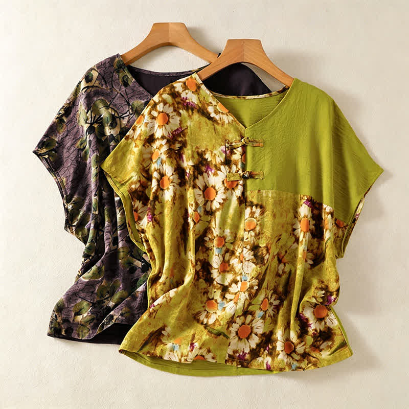 Nimara Ritual Summer Casual Vintage Tang Style Pankou Floral Sunflowers Women's Short Sleeve Shirts