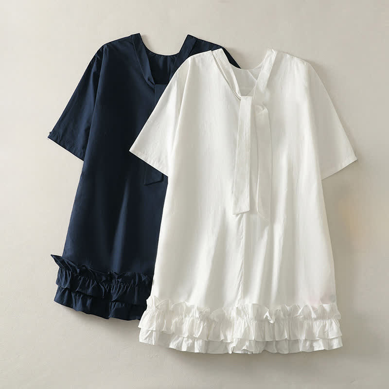 Nimara Ritual Summer Casual Elegant Tie Neck Solid Ruffled Hem Women's Short Sleeve Dress