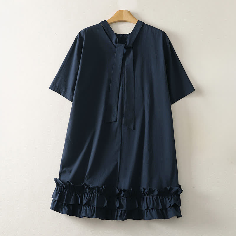 Nimara Ritual Summer Casual Elegant Tie Neck Solid Ruffled Hem Women's Short Sleeve Dress