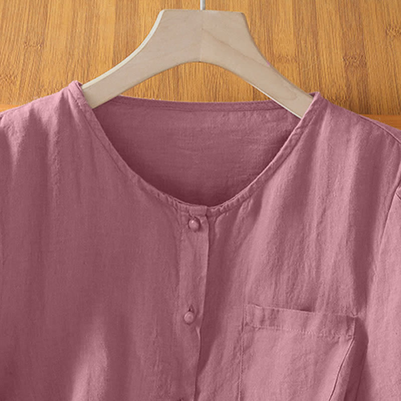 Nimara Ritual Summer Casual Minimalist Button-Up Solid Crew Neck Women's Short Sleeve Shirts With Patch Pocket