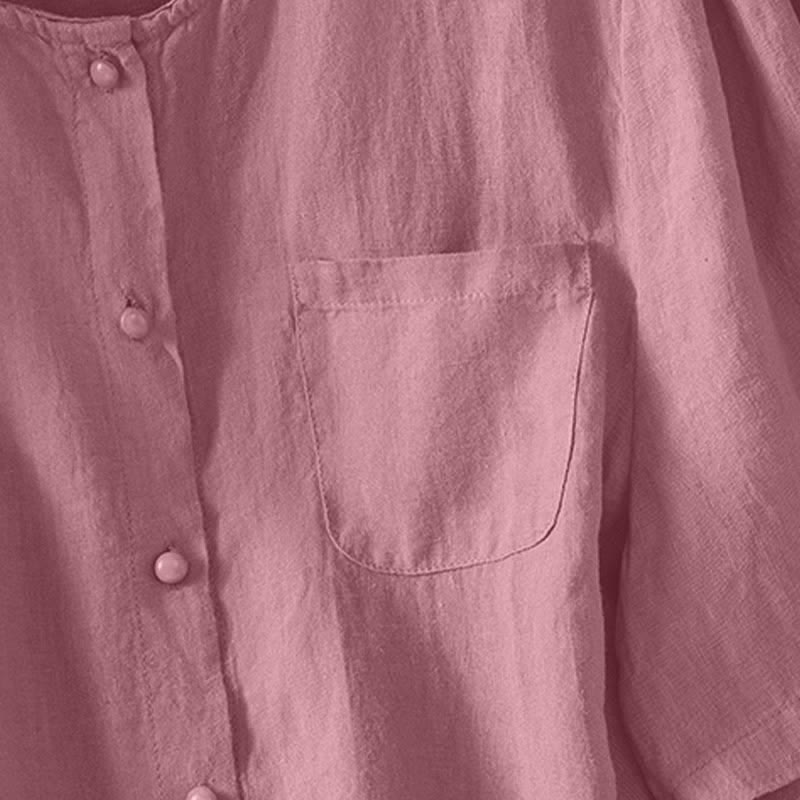Nimara Ritual Summer Casual Minimalist Button-Up Solid Crew Neck Women's Short Sleeve Shirts With Patch Pocket