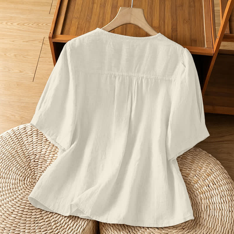 Nimara Ritual Summer Casual Minimalist Button-Up Solid Crew Neck Women's Short Sleeve Shirts With Patch Pocket