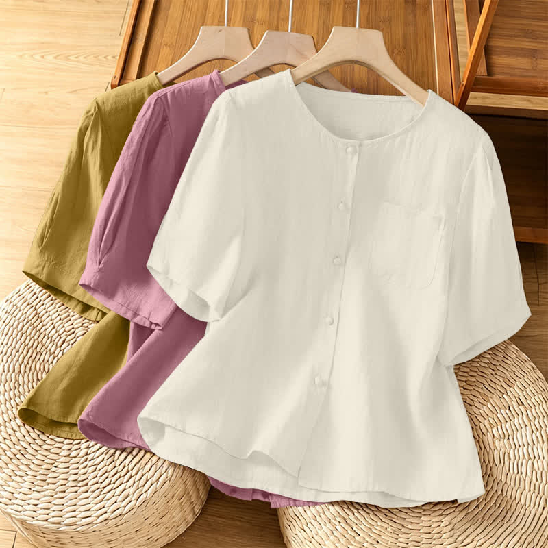 Nimara Ritual Summer Casual Minimalist Button-Up Solid Crew Neck Women's Short Sleeve Shirts With Patch Pocket