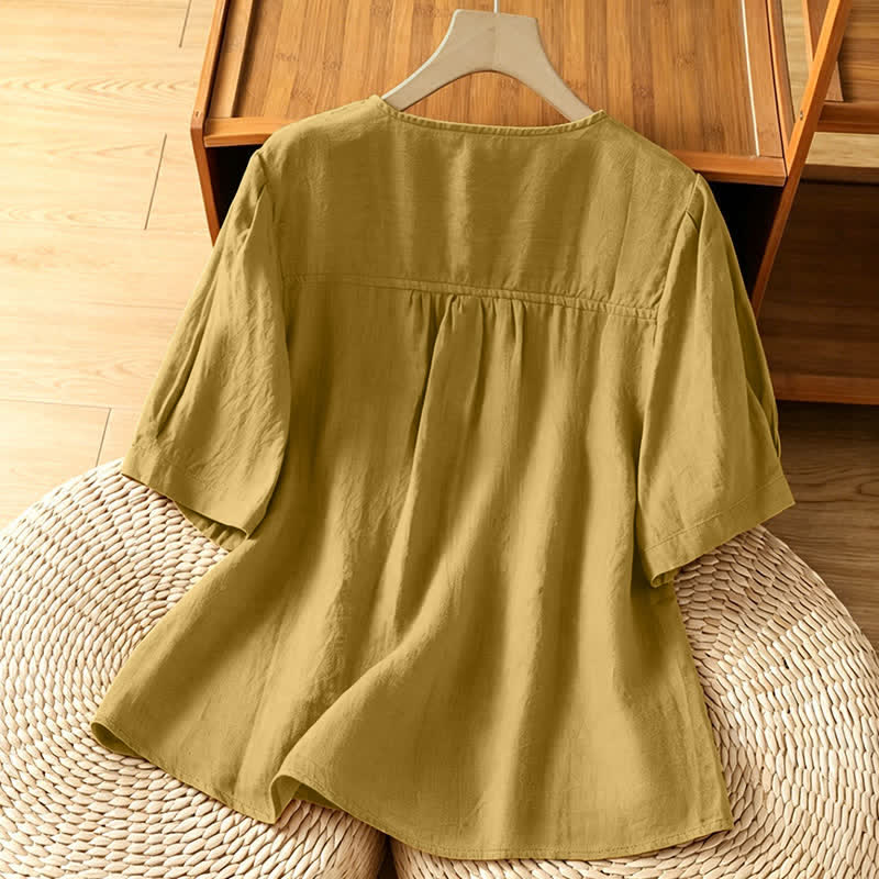 Nimara Ritual Summer Casual Minimalist Button-Up Solid Crew Neck Women's Short Sleeve Shirts With Patch Pocket