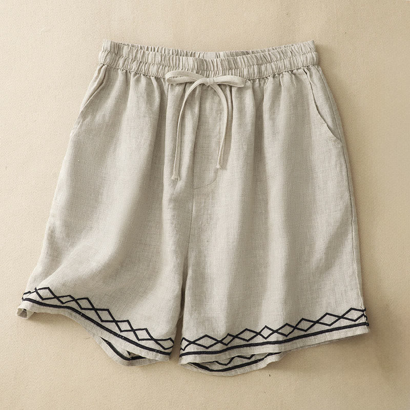 Nimara Ritual Summer Casual Minimalist Drawstring Embroidery Wavy Lines Geometric Women's Shorts With Pockets