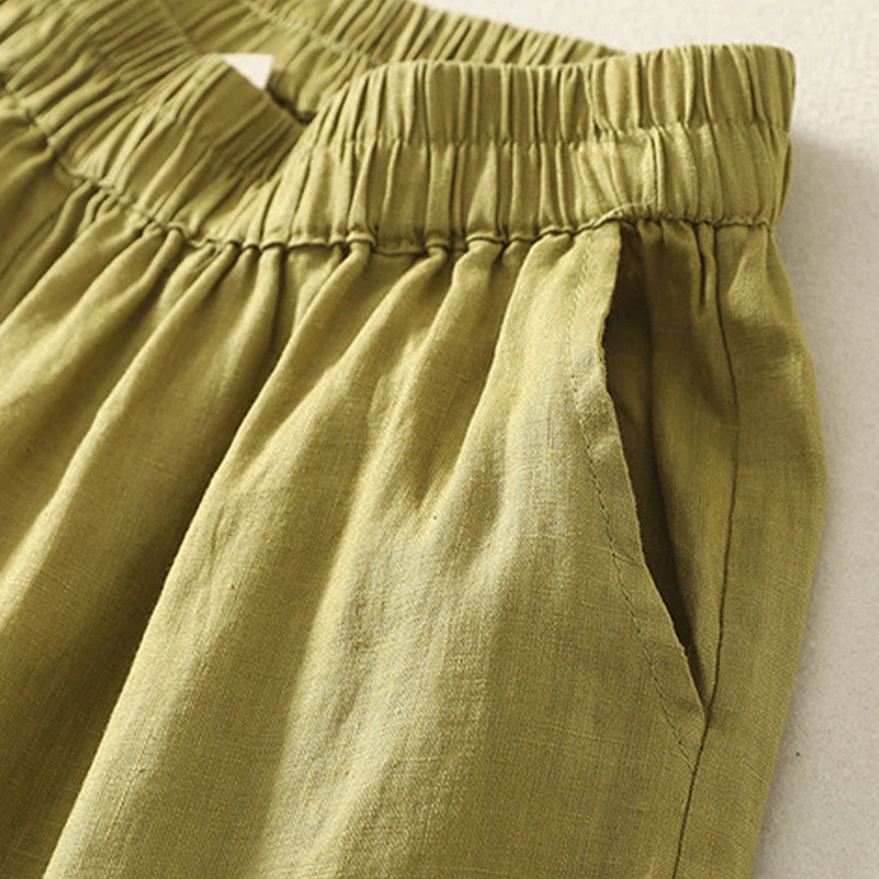Nimara Ritual Summer Casual Vintage Solid Elastic Waist Ruffled Hem Women's Shorts With Pockets
