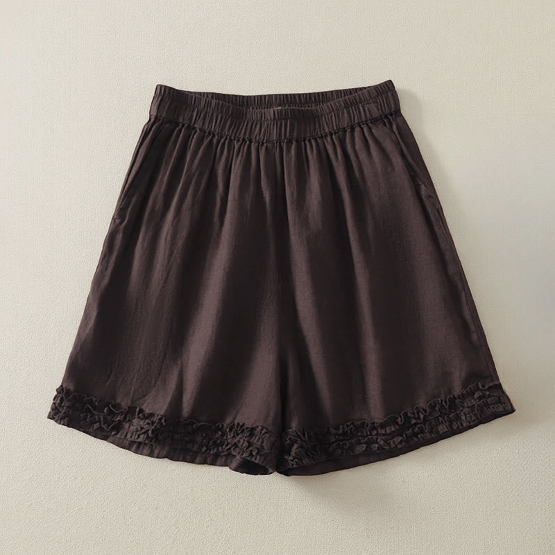 Nimara Ritual Summer Casual Vintage Solid Elastic Waist Ruffled Hem Women's Shorts With Pockets
