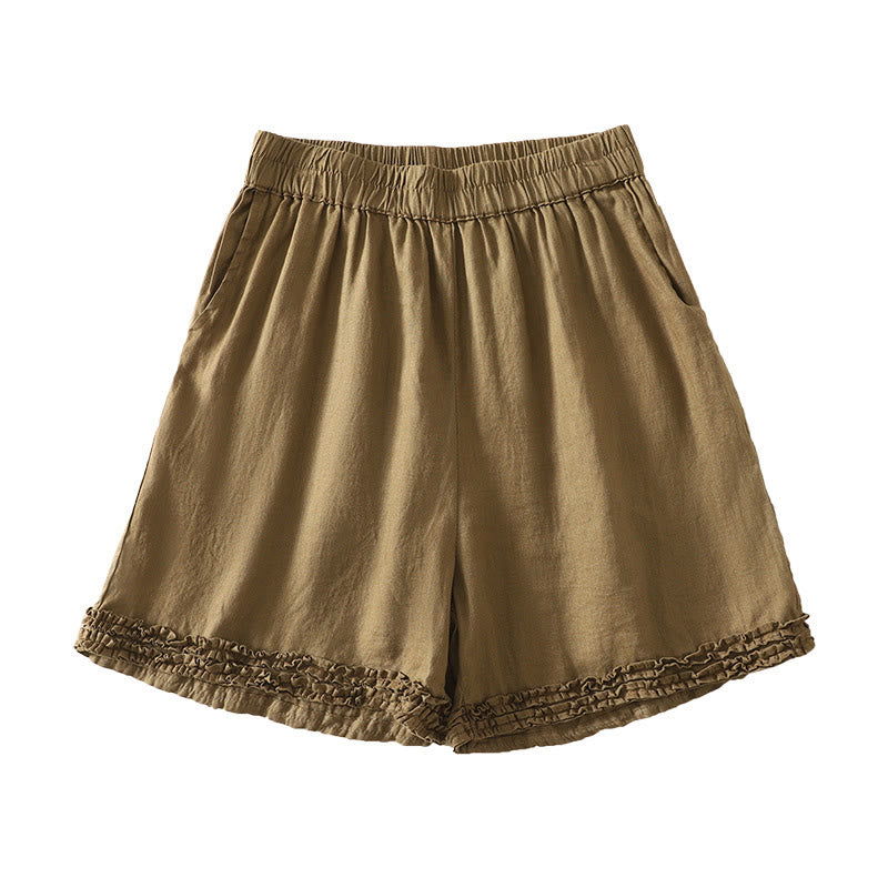 Nimara Ritual Summer Casual Vintage Solid Elastic Waist Ruffled Hem Women's Shorts With Pockets