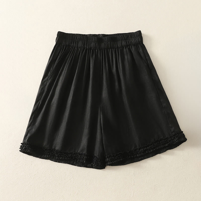 Nimara Ritual Summer Casual Vintage Solid Elastic Waist Ruffled Hem Women's Shorts With Pockets