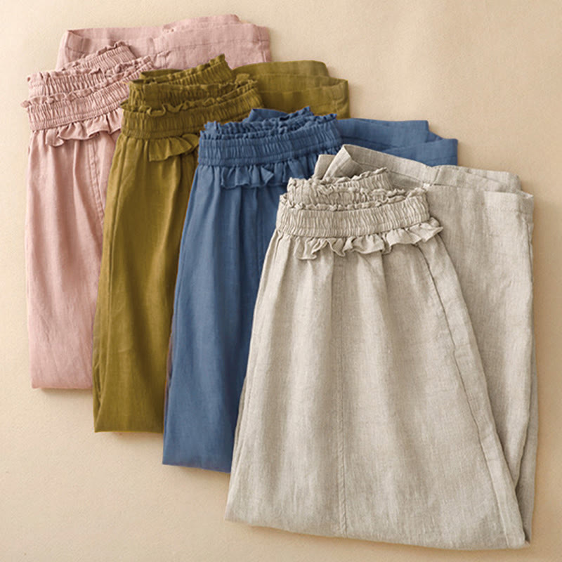 Nimara Ritual Summer Casual Minimalist Solid Ruffled Elastic Waist Cropped Pants Women's Straight Leg Pants With Pocket