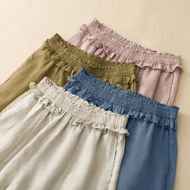 Nimara Ritual Summer Casual Minimalist Solid Ruffled Elastic Waist Cropped Pants Women's Straight Leg Pants With Pocket
