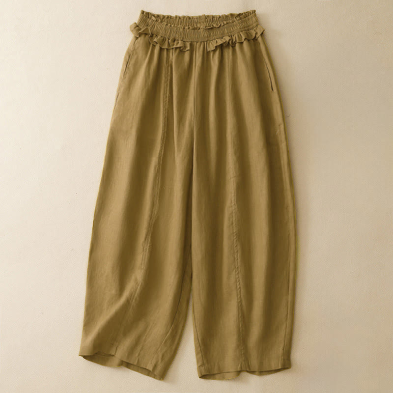 Nimara Ritual Summer Casual Minimalist Solid Ruffled Elastic Waist Cropped Pants Women's Straight Leg Pants With Pocket